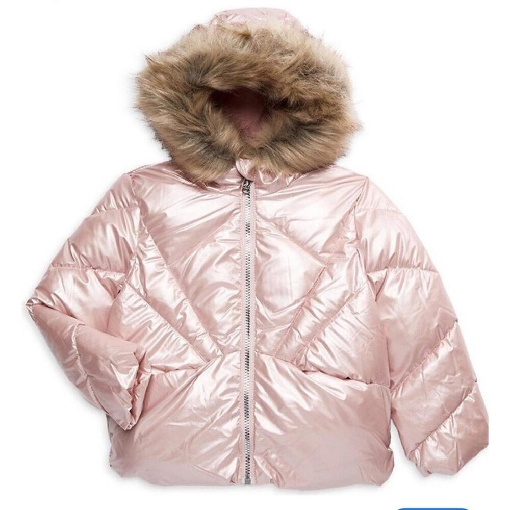 Sam Edelman Girls Iridescent Quilted Coat Puffer Jacket Faux Fur Hood Size 18 M